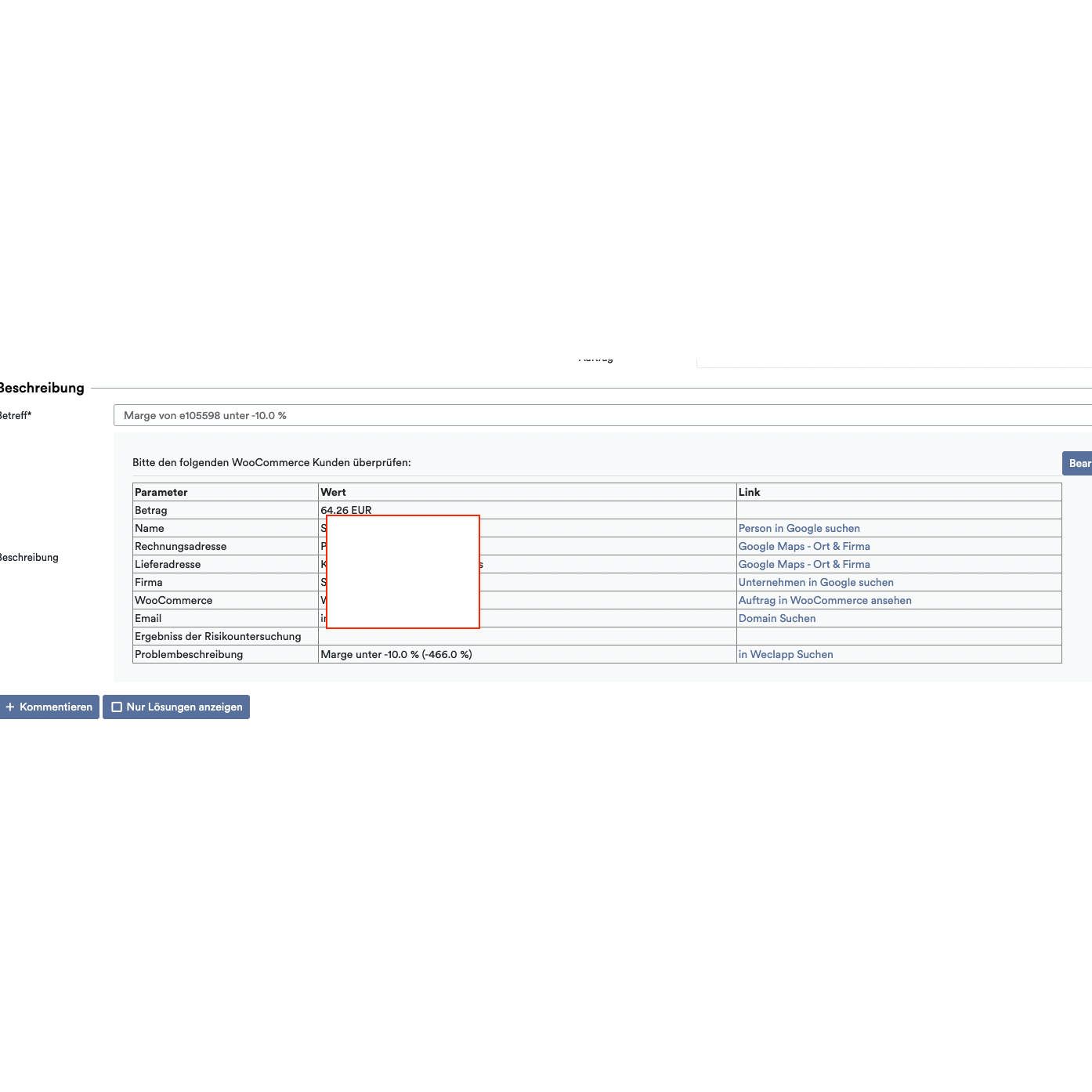 A screenshot of a website showing an invoice detail form with fields such as amount, billing address, and others for "purchase on account," highlighted by a red box around an empty section using Altruan's OrderGuardian: Weclapp Order Verification System.