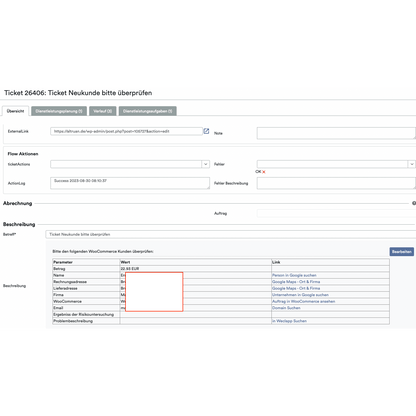 Screenshot of the interface of a ticket system of a cloud service displaying various fields such as "ticket details," "journal," and "customer," with information about a transaction, including item costs, highlighted in a red field. OrderGuardian by Altruan is used.