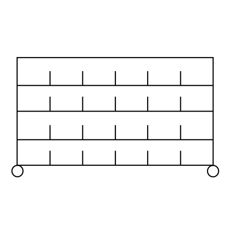 A black and white line drawing shows the Novocal sorting shelf cart made of precision steel with 3 levels and 5 compartments each, ideal for office organization. The shelf is supported by 4 chrome corner posts. The package contains 1 piece.