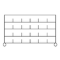 A black and white line drawing shows the Novocal sorting shelf cart made of precision steel with 3 levels and 5 compartments each, ideal for office organization. The shelf is supported by 4 chrome corner posts. The package contains 1 piece.