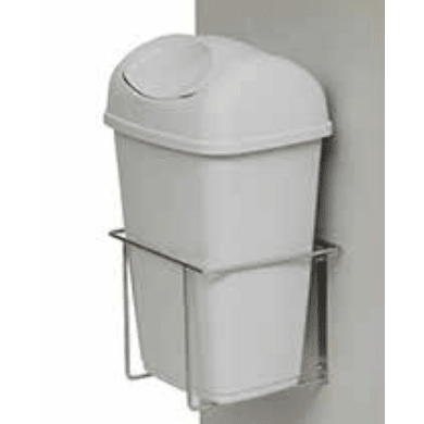 A Novocal plastic waste container (15 liters, gray, with lid) is placed in a metal wall mount that is attached to a light-colored wall.