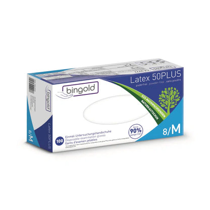Box of Bingold Latex 50PLUS latex gloves, size 8/M from BINGOLD GmbH + Co. KG. The packaging emphasizes a powder-free design and features a formula that is 90% plastic-free, vegan-friendly, and therefore perfect for laboratory use and protection against chemical hazards. Contains 100 gloves.