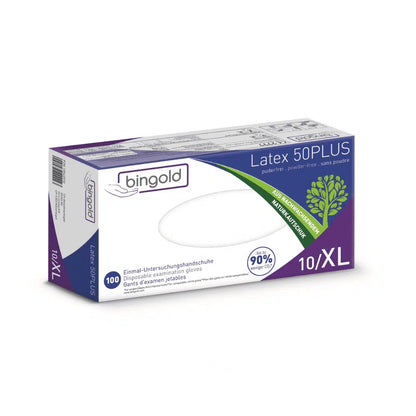 Box with Bingold Latex 50PLUS gloves in size XL, perfect for laboratory use. The packaging is mainly white with purple and green accents and shows a leaf graphic as an indication of the natural rubber content. Contains 10 gloves from BINGOLD GmbH + Co. KG.