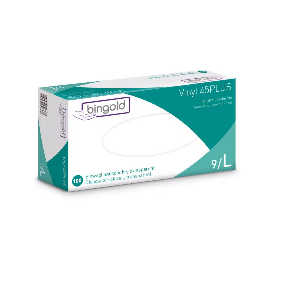 Eine Schachtel Bingold Vinyl 45PLUS Einmalhandschuhe, Größe 9/L, von BINGOLD GmbH + Co. KG. Die Verpackung ist überwiegend weiß mit grünen und blauen Akzenten, gekennzeichnet als Latex-Alternative und puderfrei. Sie enthält 100 transparente Vinylhandschuhe.
