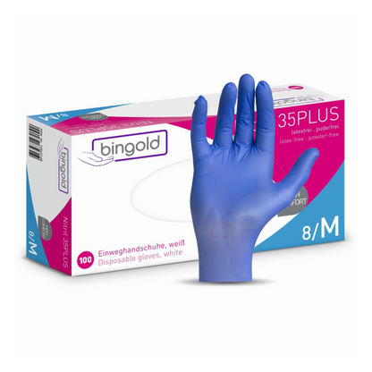 A blue Bingold Nitrile 35PLUS glove from BINGOLD GmbH + Co. KG is shown in front of a box labeled "bingold 35PLUS," containing 100 white disposable gloves (size 8/M) with German and English labeling and marked "Medical Device Class I."