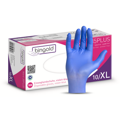 A box of Bingold Nitrile 35PLUS gloves from BINGOLD GmbH + Co. KG in violet-blue, size XL, with a gloved hand in front. The box contains 100 powder- and latex-free gloves, suitable for Medical Device Class I, PPE Category III.