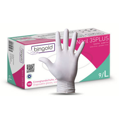 A white-gloved hand is held upright in front of a box of Bingold Nitrile 35PLUS Nitrile gloves (size 9/L) from BINGOLD GmbH + Co. KG, labeled in German and English for protection against chemical hazards.