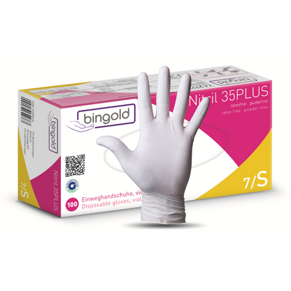 Depicted is a box of Bingold Nitrile 35PLUS Nitrile gloves from BINGOLD GmbH + Co. KG, size 7/S; 100 latex- and powder-free gloves, with a white glove worn on the raised hand – ideal for hygiene areas.
