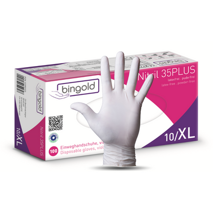 A box of Bingold Nitrile 35PLUS Nitrile gloves from BINGOLD GmbH + Co. KG, size XL, in purple-white packaging with 100 latex-free, powder-free gloves for hygiene areas and protection against chemical hazards.