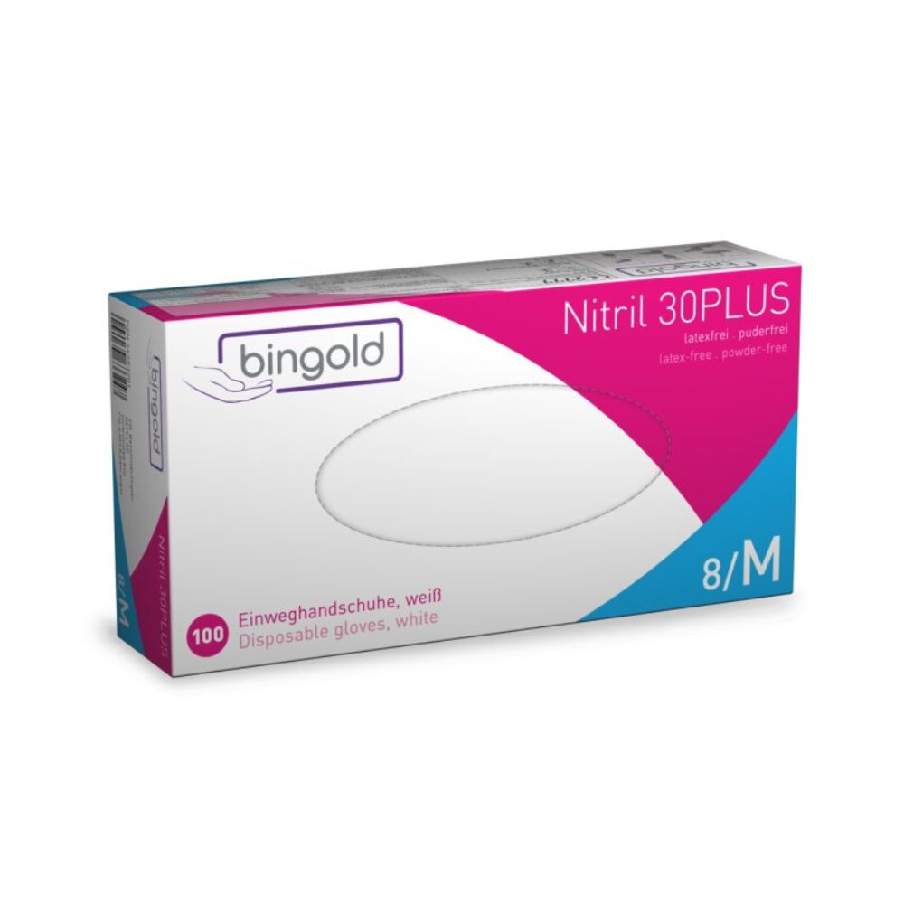 Bingold Nitril 30PLUS Disposable Gloves by BINGOLD GmbH + Co. KG are ideal for food processing and chemical protection. These are latex-free, powder-free gloves in size 8/M in predominantly white packaging with pink and blue accents, with text in German and English.