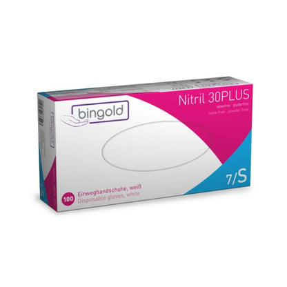In a white box labeled "Bingold Nitril 30PLUS Disposable Gloves" by BINGOLD GmbH + Co. KG, there are 100 white disposable nitrile gloves. They are labeled "latex-free, powder-free", size "7/S", ideal for food processing, with blue-green and pink accents.