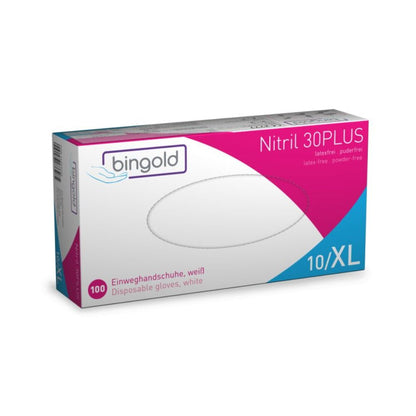 A Bingold Nitril 30PLUS box from BINGOLD GmbH + Co. KG contains 100 white latex-free, powder-free disposable gloves in size 10/XL in predominantly white packaging with pink and blue accents. They are ideal for food processing and offer protection against chemical hazards.