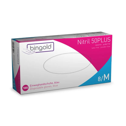 Bosca Bingold Nitril 50PLUS lámhainní indiúscartha, Gorm ón BINGOLD GmbH + Co. KG tá 100 lámhainní gorma ann, méid 8/M. Tá an bosca gorm-bán le buaicphointí dearga agus tá sé lipéadaithe 'saor ó laitéis, saor ó phúdar' agus úsáidtear é chun cosaint a dhéanamh ar bhaol ceimiceach le téacsanna i nGearmáinis agus i mBéarla.