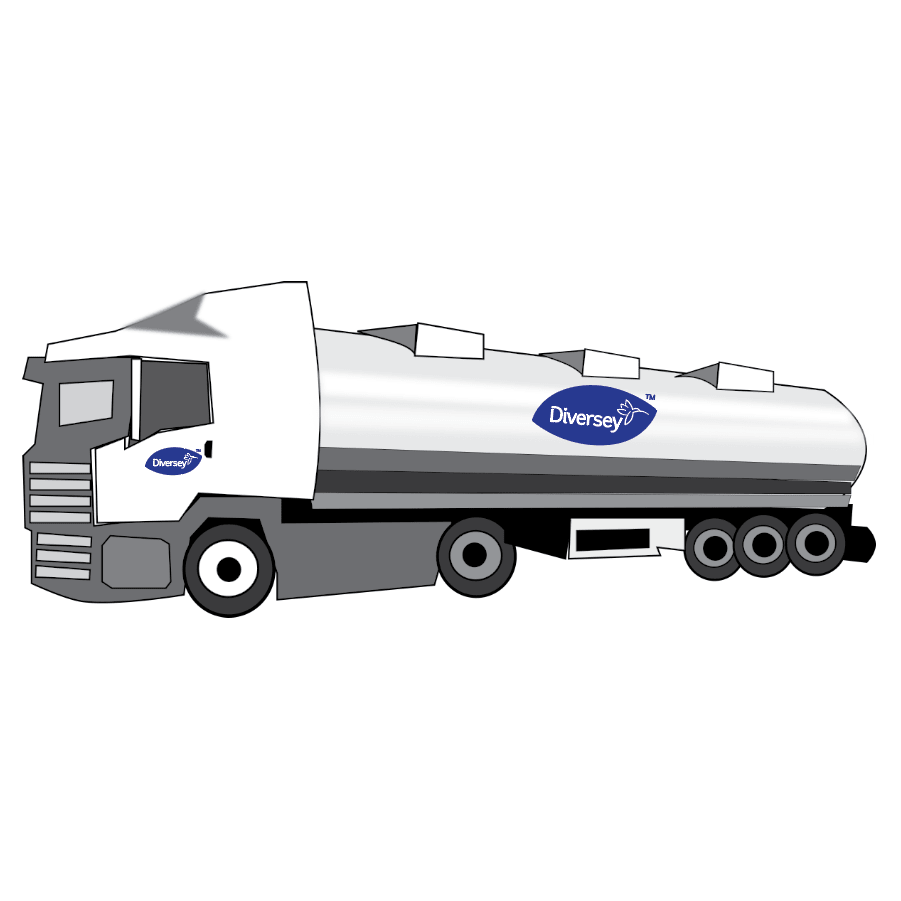 A white tanker truck with a gray chassis and six wheels is shown in profile. The logo of Diversey Deutschland GmbH & Co. OHG and the lettering "Suma Mega L52 dishwashing detergent for soft water" are displayed on the driver's cab door and tank. The background is plain white.