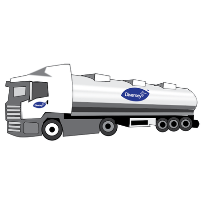 A white tanker truck with a gray chassis and six wheels is shown in profile. The logo of Diversey Deutschland GmbH & Co. OHG and the lettering "Suma Mega L52 dishwashing detergent for soft water" are displayed on the driver's cab door and tank. The background is plain white.