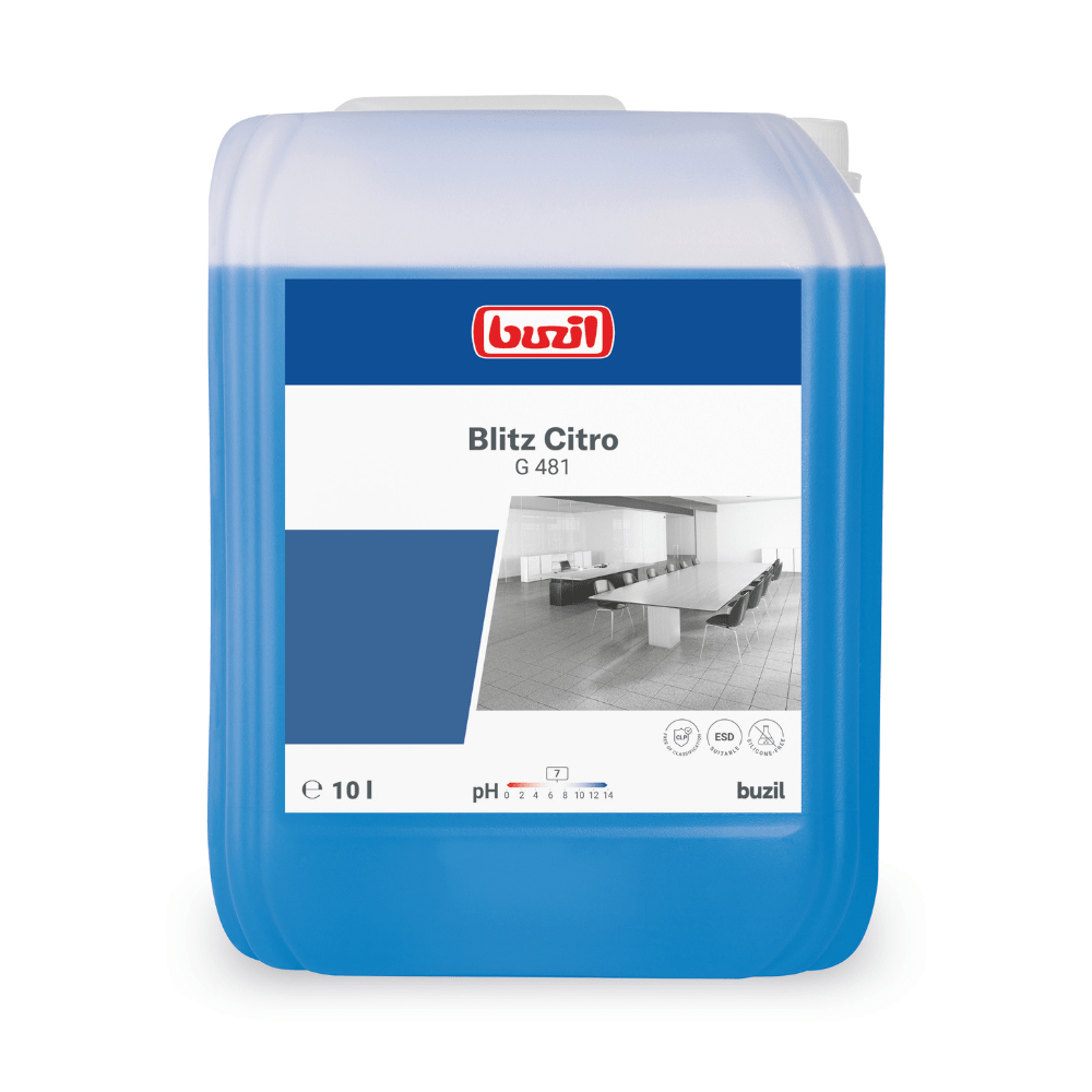 A 10-liter container of Buzil Blitz Citro G 481 Universal Cleaner from BUZIL-WERK Wagner GmbH & Co. KG ensures streak-free cleanliness with a refreshing citrus scent. The blue liquid inside promises efficiency, and the label features both the brand name and an image of a clean, modern interior.