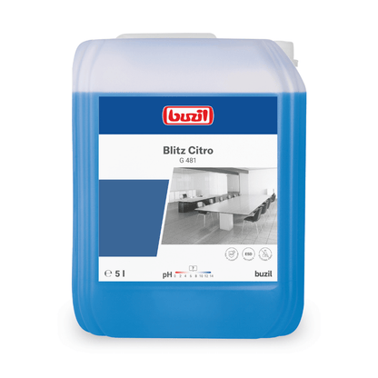 A 5-liter container of Buzil Blitz Citro G 481 Universal Cleaner from BUZIL-WERK Wagner GmbH & Co. KG ensures streak-free cleanliness with a refreshing citrus scent. The label shows a black-and-white image of a clean office space and indicates the product's pH value between 8 and 10. The blue container features a white-blue label with the brand logo.