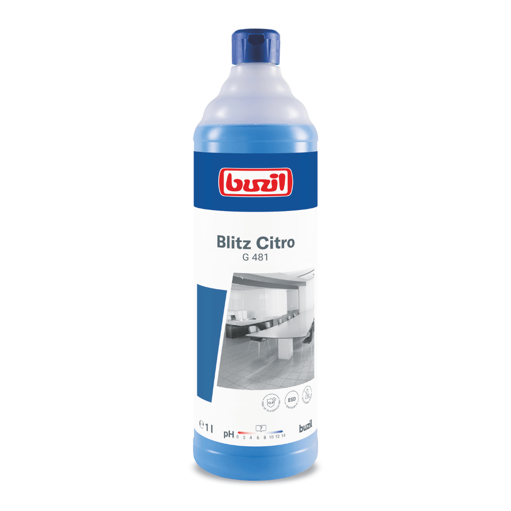 A bottle of Buzil Blitz Citro G 481 Universal Cleaner from BUZIL-WERK Wagner GmbH & Co. KG promises streak-free cleanliness with its refreshing citrus scent. The label with the image of a shiny kitchen counter highlights its versatility as a universal cleaner. With a pH value of 7, the bottle with the blue cap is an all-purpose cleaner.