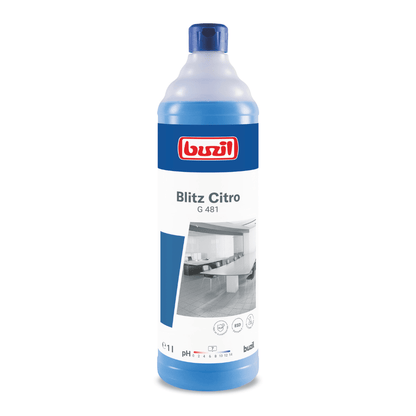 A bottle of Buzil Blitz Citro G 481 Universal Cleaner from BUZIL-WERK Wagner GmbH & Co. KG promises streak-free cleanliness with its refreshing citrus scent. The label with the image of a shiny kitchen counter highlights its versatility as a universal cleaner. With a pH value of 7, the bottle with the blue cap is an all-purpose cleaner.
