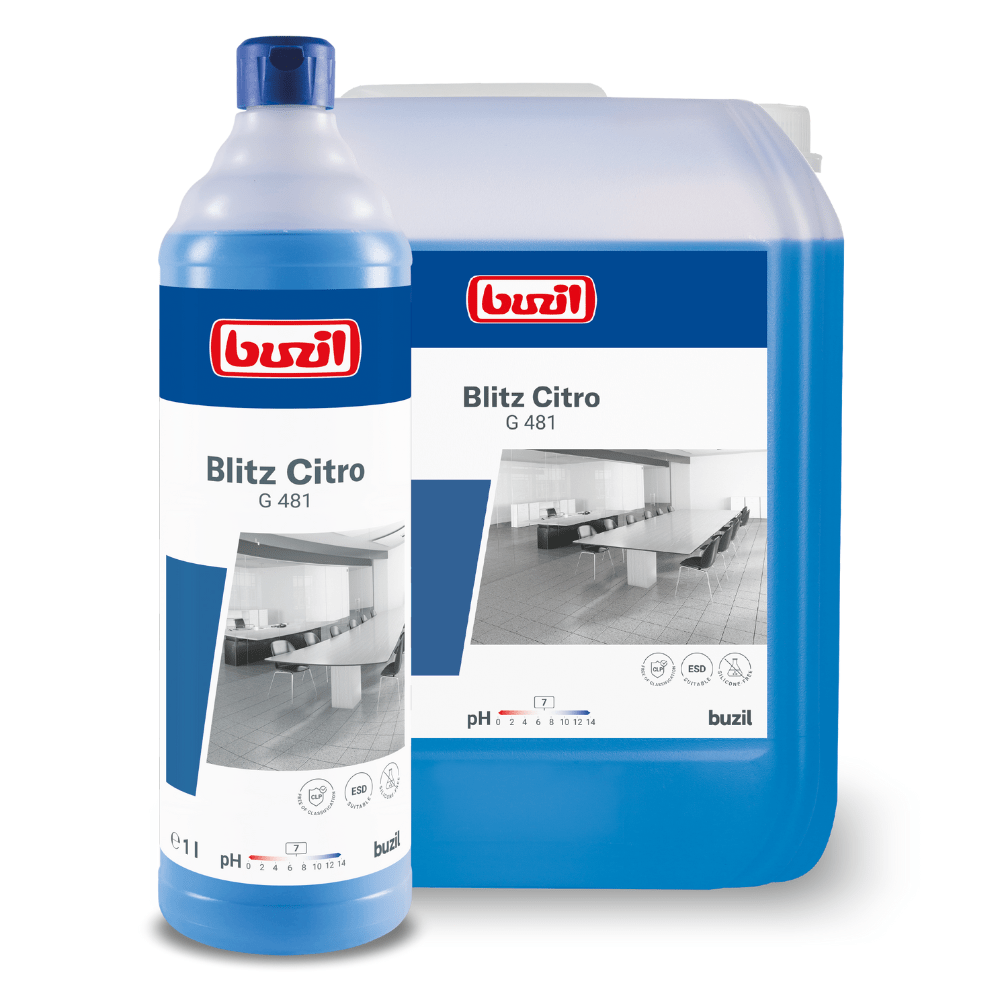 A 1-liter bottle and a large container of Buzil Blitz Citro G 481 Universal Cleaner from BUZIL-WERK Wagner GmbH & Co. KG, both with a fresh citrus scent. The blue products are labeled with white-red tags featuring a cleanroom image. The large container is ideal for extended use.