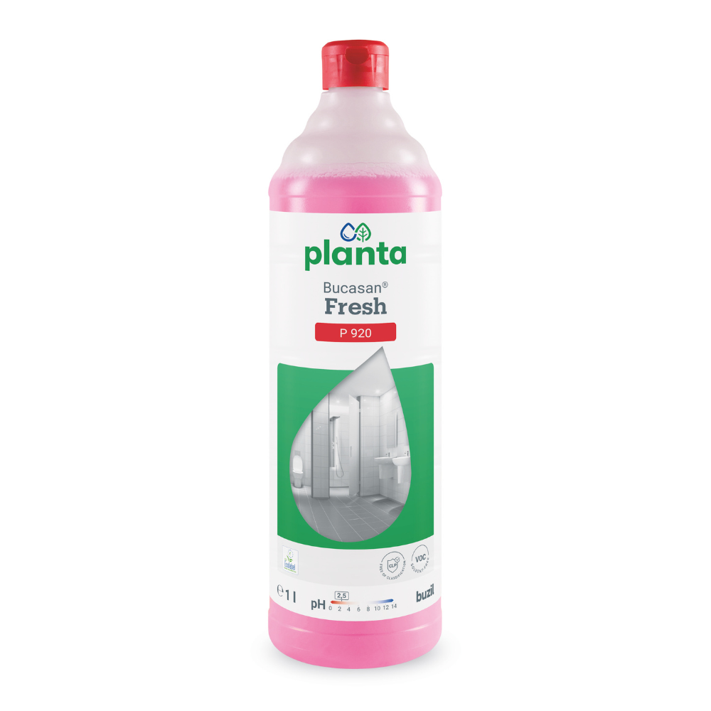A pink bottle of Buzil Bucasan® Fresh P 920 ecological, universal sanitary maintenance cleaner from BUZIL-WERK Wagner GmbH & Co. KG stands out with its white-green design. The label with a bathroom shows the 1-liter volume and the pH value. This environmentally friendly cleaner effortlessly removes mineral dirt and is topped off with a red cap.