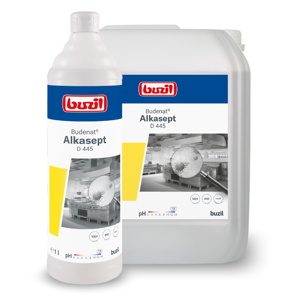 Two containers with cleaning solution are shown. The smaller bottle is in front of a larger jug, both labeled "Buzil Budenat® Alkasept D 445 High-Alkaline Disinfectant Cleaner" by BUZIL-WERK Wagner GmbH & Co. KG. Ideal for the food sector, they offer product information and images of an industrial kitchen with alkali-resistant surfaces.