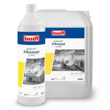 Two containers with cleaning solution are shown. The smaller bottle is in front of a larger jug, both labeled "Buzil Budenat® Alkasept D 445 High-Alkaline Disinfectant Cleaner" by BUZIL-WERK Wagner GmbH & Co. KG. Ideal for the food sector, they offer product information and images of an industrial kitchen with alkali-resistant surfaces.