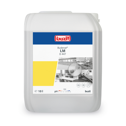 A 10-liter container of the material-friendly disinfectant Buzil Budenat® LM D 447, known for its high material compatibility, bears a label with industrial images and a yellow accent. The BUZIL-WERK Wagner GmbH & Co. KG brand logo is prominently placed at the top, with product details printed below. It is ideal for use on sensitive surfaces.