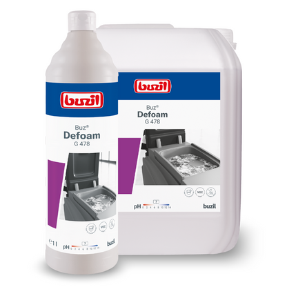 Visible are bottles of the cleaning product Buzil Buz® Defoam G 478 defoamer for machines from BUZIL-WERK Wagner GmbH & Co. KG, both in a large container and in a smaller bottle. The labels emphasize the product name and contain an image "Foam reduction in cleaning devices" highlighting the product's effectiveness in foam reduction during cleaning tasks.