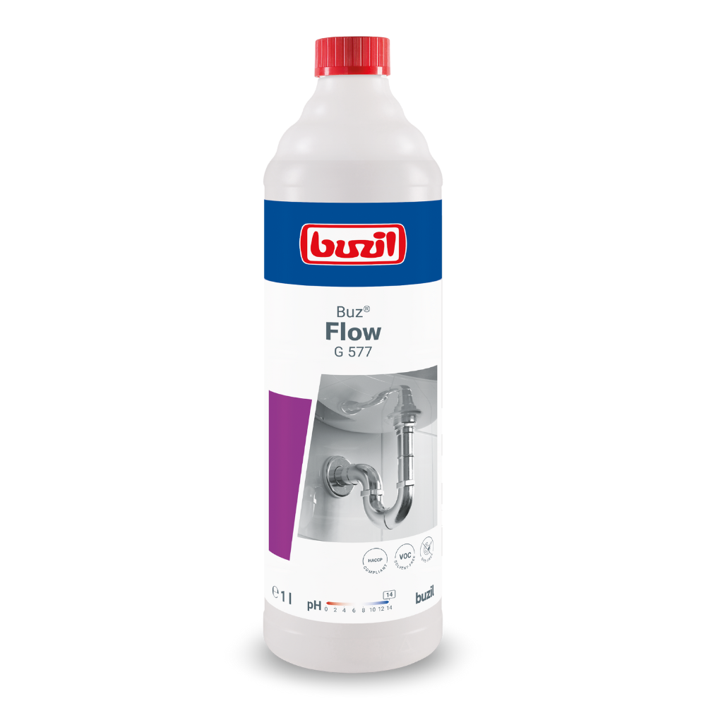 Buidéal 1-lítear de Buzil Buz® Flow G 577 Glantóir Píopa Leachtach, déanta ag BUZIL-WERK Wagner GmbH & Co. KG. Taispeánann an lipéad grafaic sláintíochta agus lógó an táirge. Tá an buidéal den chuid is mó bán le sonraí dearga, gorma agus corcra agus tá caipín dearg air chun bacanna i draenacha a bhaint go héifeachtach.