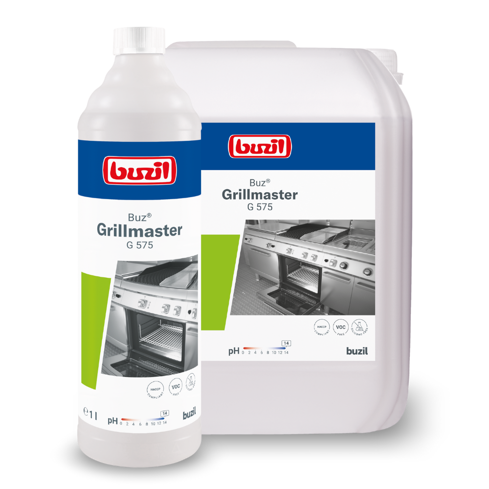 Ausgestellt sind eine Flasche und ein Großbehälter Buzil Buz® Grillmaster G 575 Hochalkalischer Grill- und Backofenreiniger von BUZIL-WERK Wagner GmbH & Co. KG. Auf jedem Etikett ist ein Bild eines sauberen Grills sowie Produktdetails und Markenbezeichnung zu sehen, die die Wirksamkeit bei hartnäckigen Grillrückständen betonen.