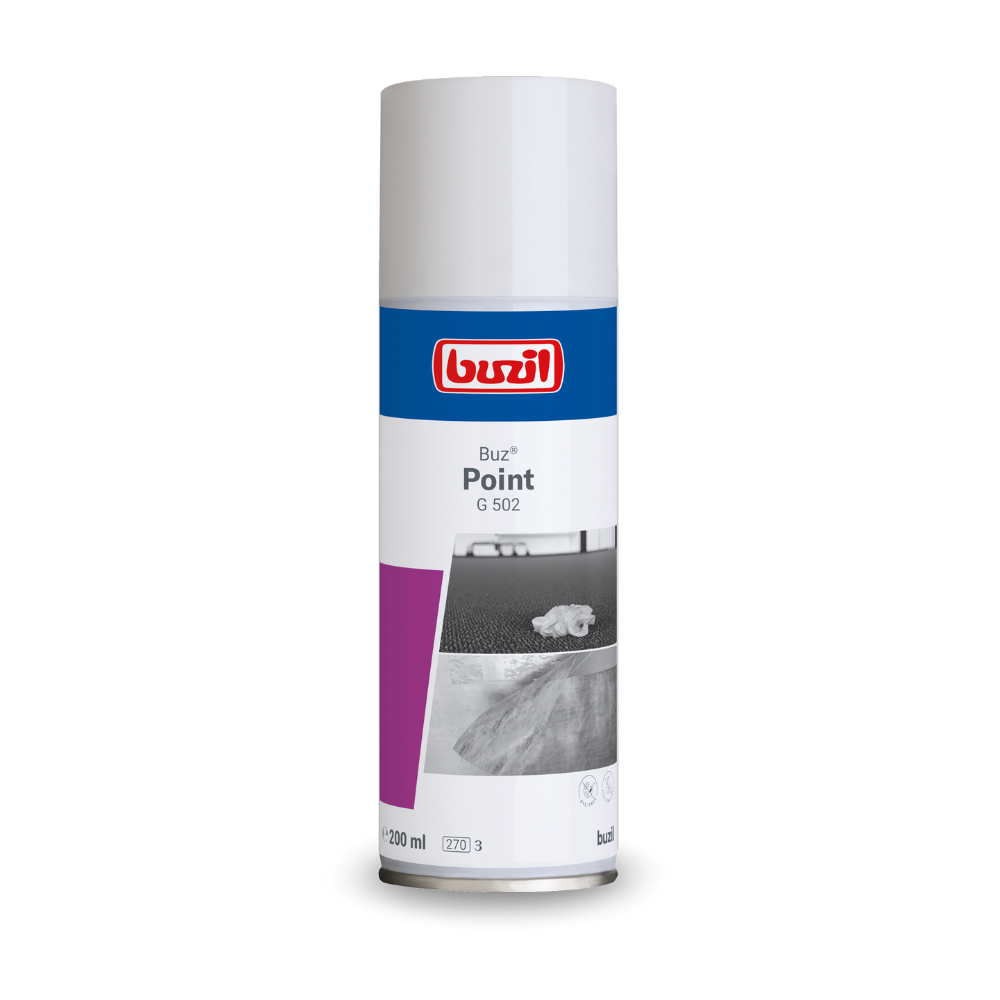 Buidéal bainte stain Buzil Buz® Point G 502 ó BUZIL-WERK Wagner GmbH & Co. KG, idéalach do chlúdaigh agus dromchlaí teicstíle. Tá lipéad bán ar an mbuidéal 200 ml le branda dearg-ghorm, maisithe le híomhá de bhord le éadach, a bhainfidh salachar neamh-intuaslagtha in uisce go héifeachtach.