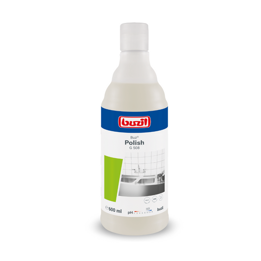 Buidéal 600 ml de Buzil Buz® Polish G 508 Bainne Scríobach Réidh le hÚsáid, ina sheasamh go hingearach. Taispeánann an lipéad dearadh gorm-bán le buaicphointí glasa agus íomhá de dhromchla tílithe, ag cur béime ar a éifeachtúlacht i nglanadh dromchlaí. Tá lógó branda BUZIL-WERK Wagner GmbH & Co. KG suite go feiceálach ar bharr.