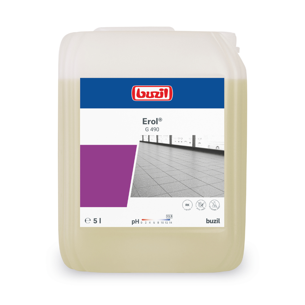 Ein 5-Liter-Behälter mit Buzil Erol® G 490 Alkalischer Intensivreiniger für Feinsteinzeugfliesen von BUZIL-WERK Wagner GmbH & Co. KG, der für die Tiefenreinigung von Feinsteinzeugfliesen konzipiert ist. Das Etikett enthält den Produktnamen, das Markenlogo und eine Abbildung eines Fliesenbodens. Der helle, rechteckige Behälter verfügt oben über einen Griff zur einfachen Handhabung.