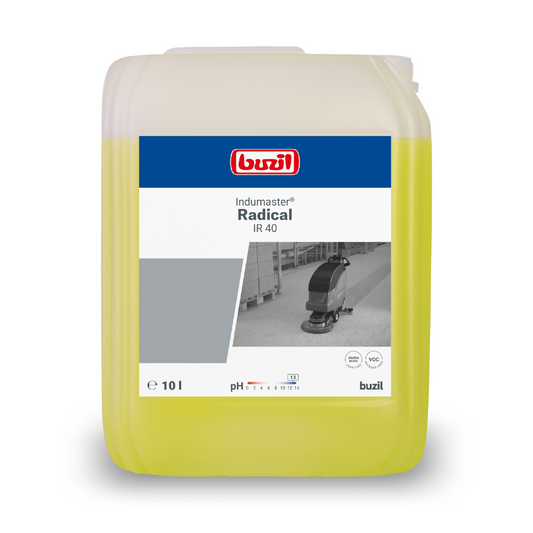 Ein 10-Liter-Kanister Buzil Indumaster® Radical IR 40 Alkalischer Industriereiniger von BUZIL-WERK Wagner GmbH & Co. KG ist für anspruchsvolle Oberflächen wie Zement- und Betonestriche geeignet. Er wird mit einem blau-weißen Etikett geliefert, auf dem der pH-Wert und das Volumen angegeben sind. Er enthält eine gelbe Flüssigkeit, die sich ideal zum Reinigen von Keramikfliesen eignet.