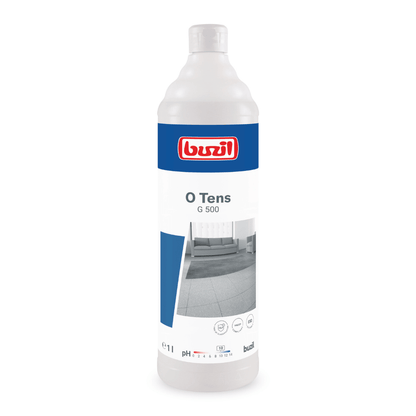 A white bottle labeled "Buzil O Tens G 500 Surfactant-Free Universal Cleaner on Citrate Base" from BUZIL-WERK Wagner GmbH & Co. KG features a striking blue label, a red logo, and images of surfaces with low re-soiling properties. This citrate-based universal cleaner has a capacity of 1 liter and includes symbols for pH value and material compatibility.