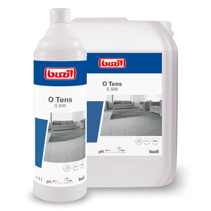 Displayed are two containers of Buzil O Tens G 500, a citrate-based universal cleaner from BUZIL-WERK Wagner GmbH & Co. KG. The larger container is a canister, while the smaller one is a bottle. Both are adorned with a pH symbol and images of clean floors, highlighting their formula for surfaces resistant to re-soiling.