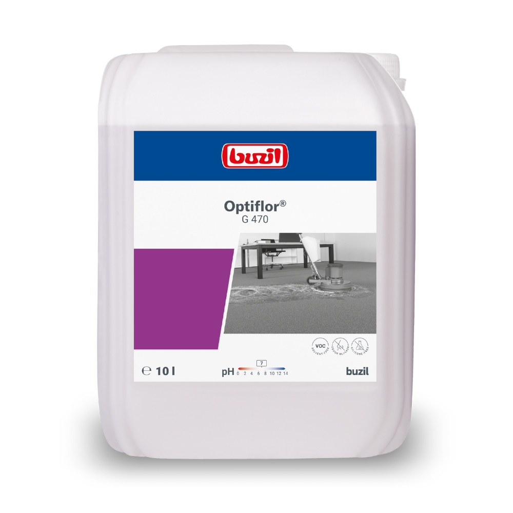 A 10-liter canister of Buzil Optiflor® G 470 carpet shampoo, ideal for pH-neutral cleaning. The label features the red-blue logo of BUZIL-WERK Wagner GmbH & Co. KG, an image of a floor cleaning machine, as well as information on pH value and VOC content.