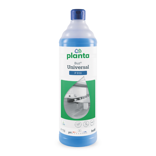 Eine 1-Liter-Flasche Buzil Planta Buz® Universal P 910 Ökologischer Universalreiniger der BUZIL-WERK Wagner GmbH & Co. KG mit blauem Verschluss und einem Etikett mit Produktdetails wie einem pH-Indikator, dem EU-Umweltzeichen und einem Raumbild.