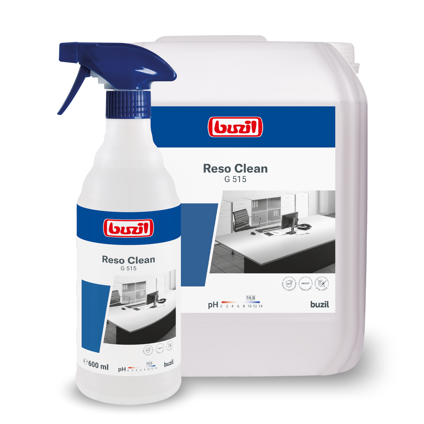 Taispeántar dhá choimeádán de Buzil Reso Clean G 515 Glantóir Sprae Réidh le hÚsáid ó BUZIL-WERK Wagner GmbH & Co. KG agus béim ar a nglanacht chumhachtach. Is buidéal sprae é an ceann níos lú agus is coimeádán athlíonta é an ceann níos mó. Tá lipéid ghorma ar an mbeirt acu le sonraí táirge agus brandáil chun lonradh saor ó stríoca a bhaint amach.
