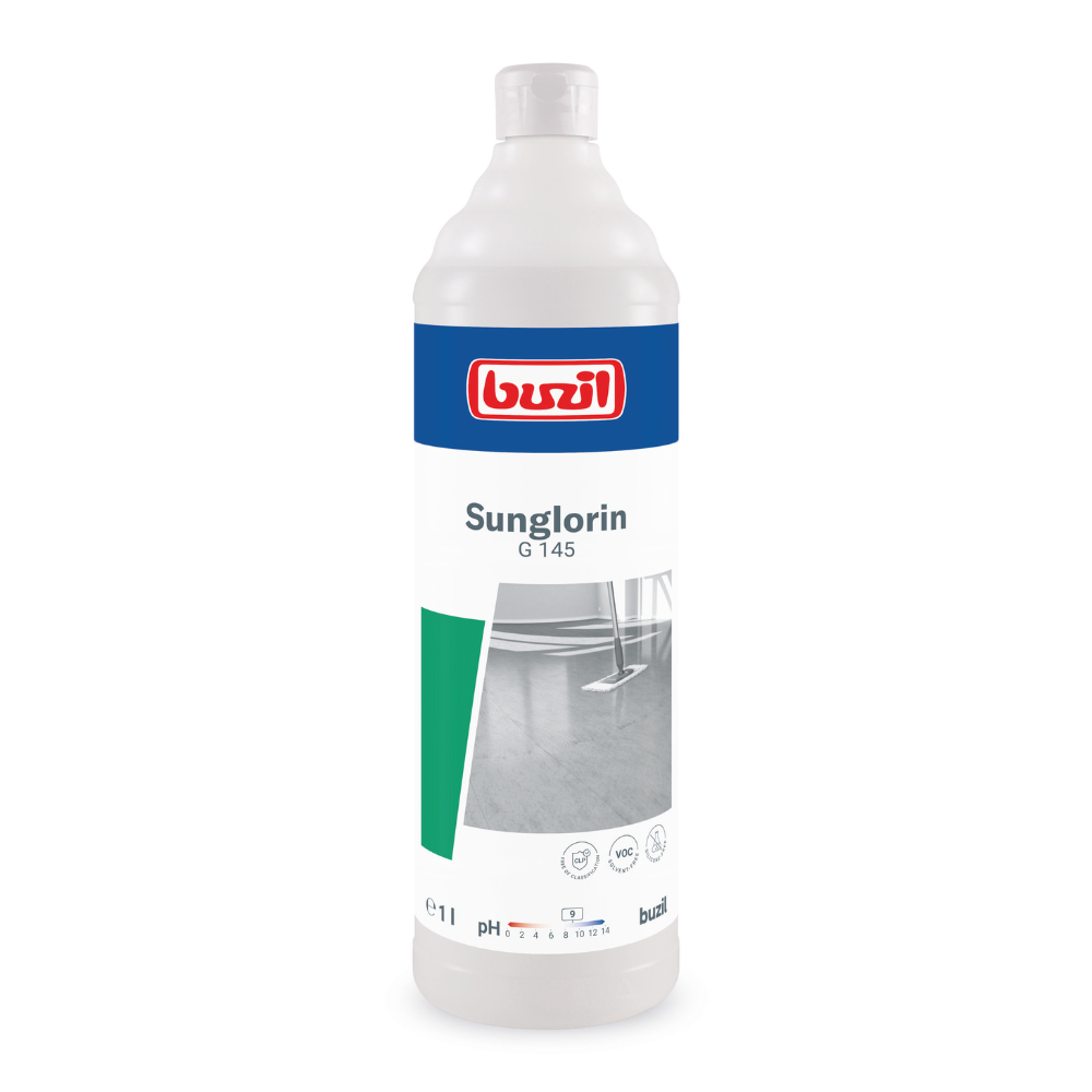 The Buzil Sunglorin G 145 self-gloss emulsion floor cleaner from BUZIL-WERK Wagner GmbH & Co. KG is delivered in a white bottle and is designed for cleaning with a focus on its pH properties. The label shows images of immaculate floors and symbols that emphasize its effectiveness as a floor cleaner for water-resistant coatings, suitable for use in both domestic and industrial environments.