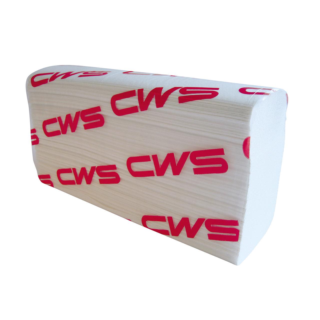 A stack of white CWS fold paper zig-zag recycled paper towels, 2-ply, with red "CWS" lettering on each sheet - ideal for hygienic hand drying. Available as a carton (25 packs), Brand: CWS.