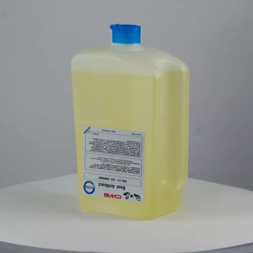 A rectangular, transparent 500 ml CWS soap cream Best Antibact bottle with a blue cap and yellow soap stands on a white, round surface. The front label highlights the benefits of skin care.