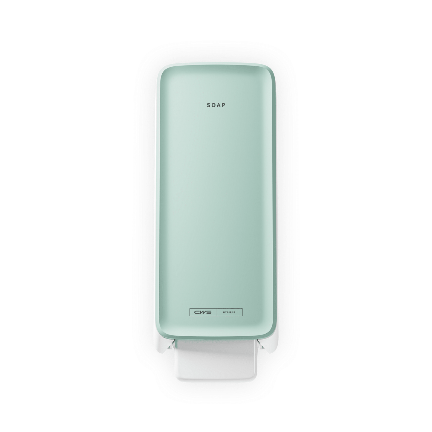 A mint green CWS PureLine Cream soap dispenser by CWS with the inscription "SOAP" on top and a white push lever, shown from above on a white background - ideal for any washroom.