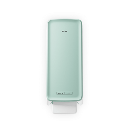 The CWS PureLine Foam soap dispenser is a wall-mounted, rectangular dispenser in light green with the "SOAP" inscription on the front, a white push lever below, and CWS branding near the base - ideal for any washroom.