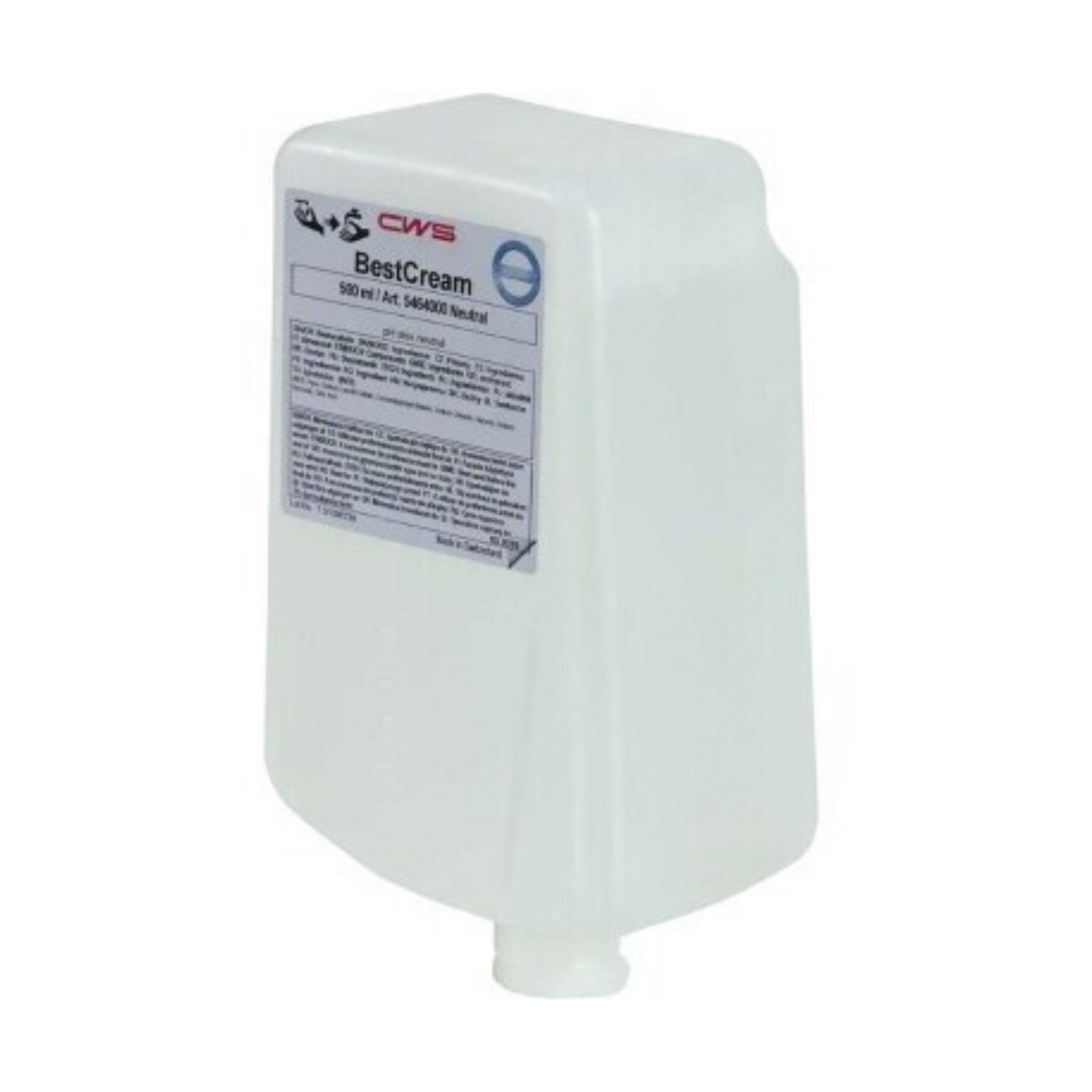 A white container with CWS soap cream BestCream Neutral 1000 ml refill pack soap with a label on the front. The container seems to contain 500 ml of product. The label contains text and logos, with the product name "BestCream Neutral 1000 ml refill pack soap" clearly visible. This biodegradable cream also features a neutral scent for a pleasant experience.