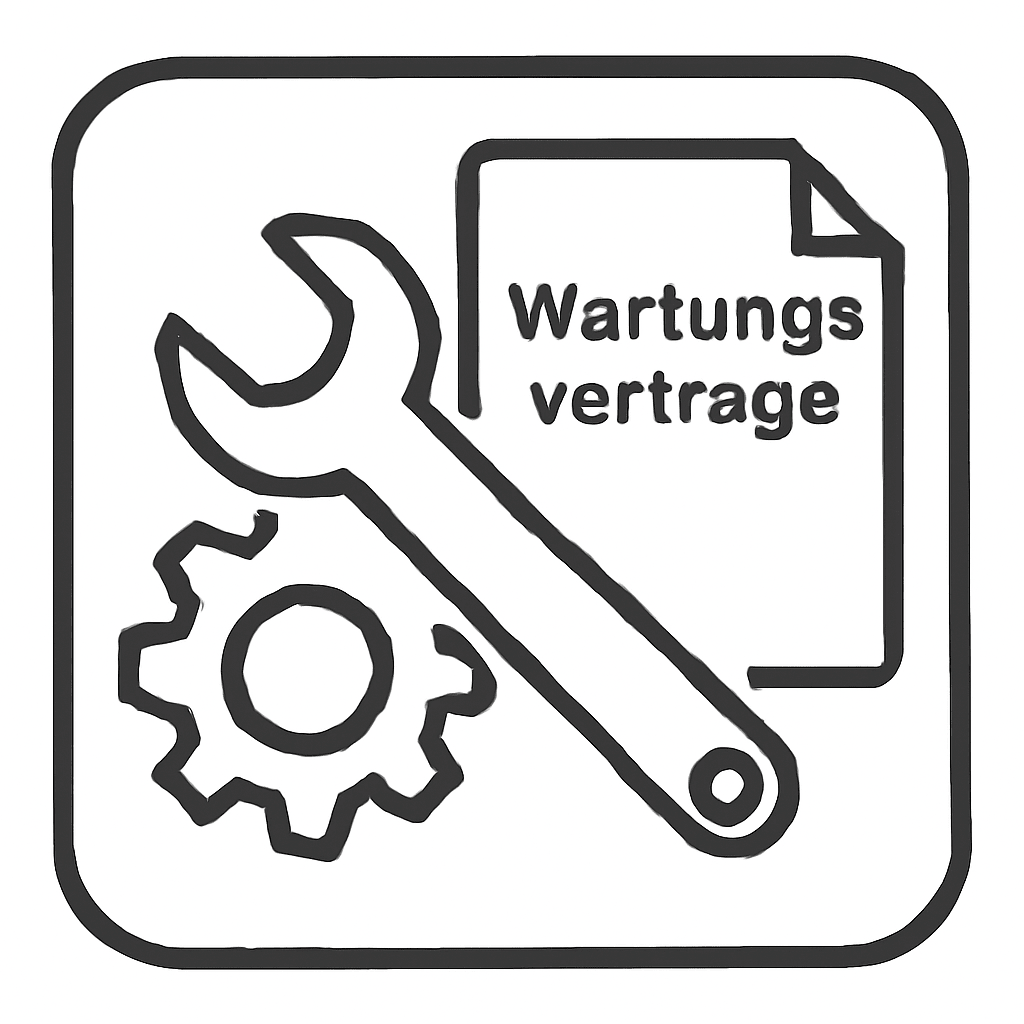 A black and white symbol shows a wrench and a gear in front of a document with the inscription "Maintenance Contracts", which is the TASKI Ultimaxx 2900 Full Service Li Maintenance Contract (including repairs, spare parts, Li-Ion batteries) from Diversey Deutschland GmbH & Co. OHG.