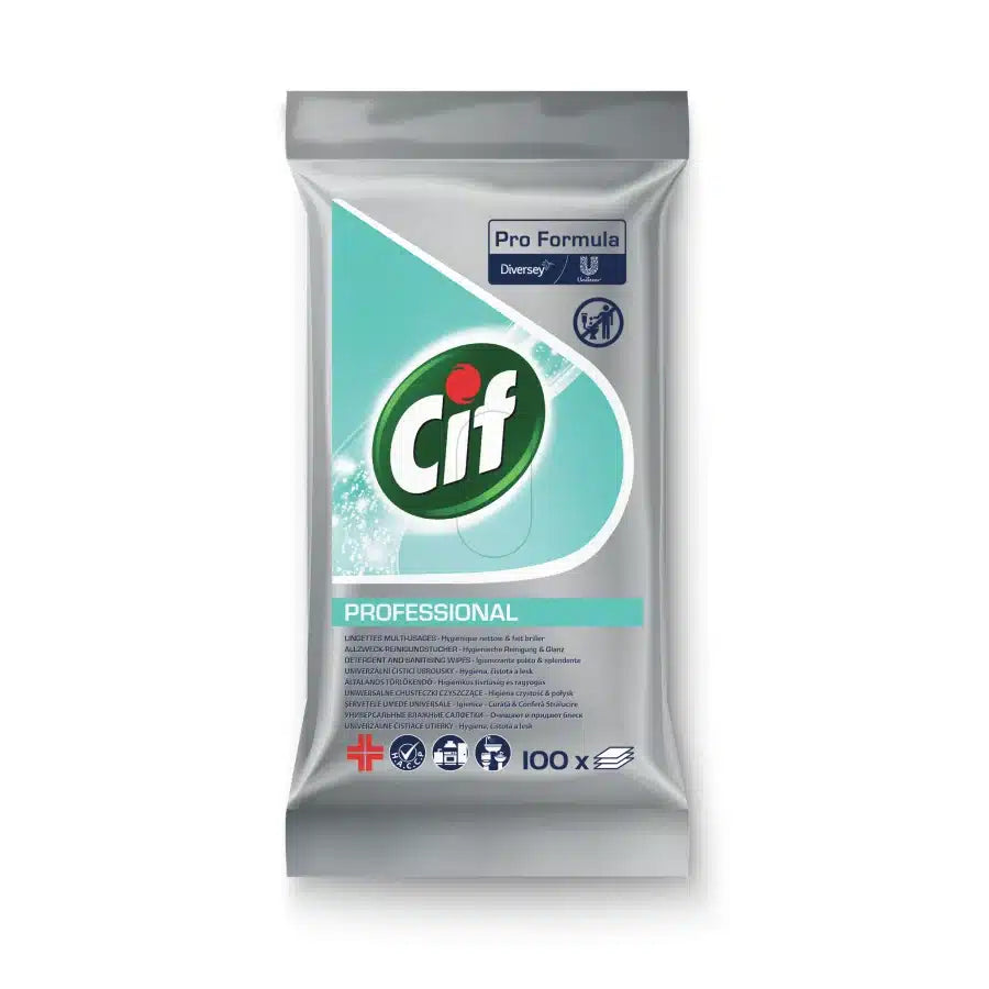 Eine silber- und tealfarbene, wiederverschließbare Packung Cif Professional Allweck-Reinigungstücher (100 feuchte Einmal-Tücher) von Diversey Deutschland GmbH & Co. OHG ist ungeöffnet auf weißem Hintergrund abgebildet und zeigt antibakterielle und professionelle Reinigungssymbole.