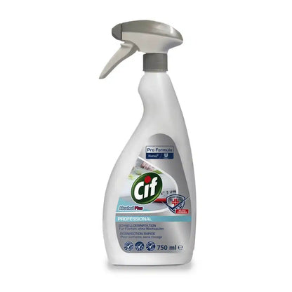 A white 750-ml bottle of Cif Alcohol Plus Professional, quick disinfectant without rinsing from Diversey Deutschland GmbH & Co. OHG, features a gray spray nozzle. The label shows the ethanol-based formula for surface disinfection along with the logo and usage instructions. The bottle is suitable for surface disinfection and stands upright against a plain white background.