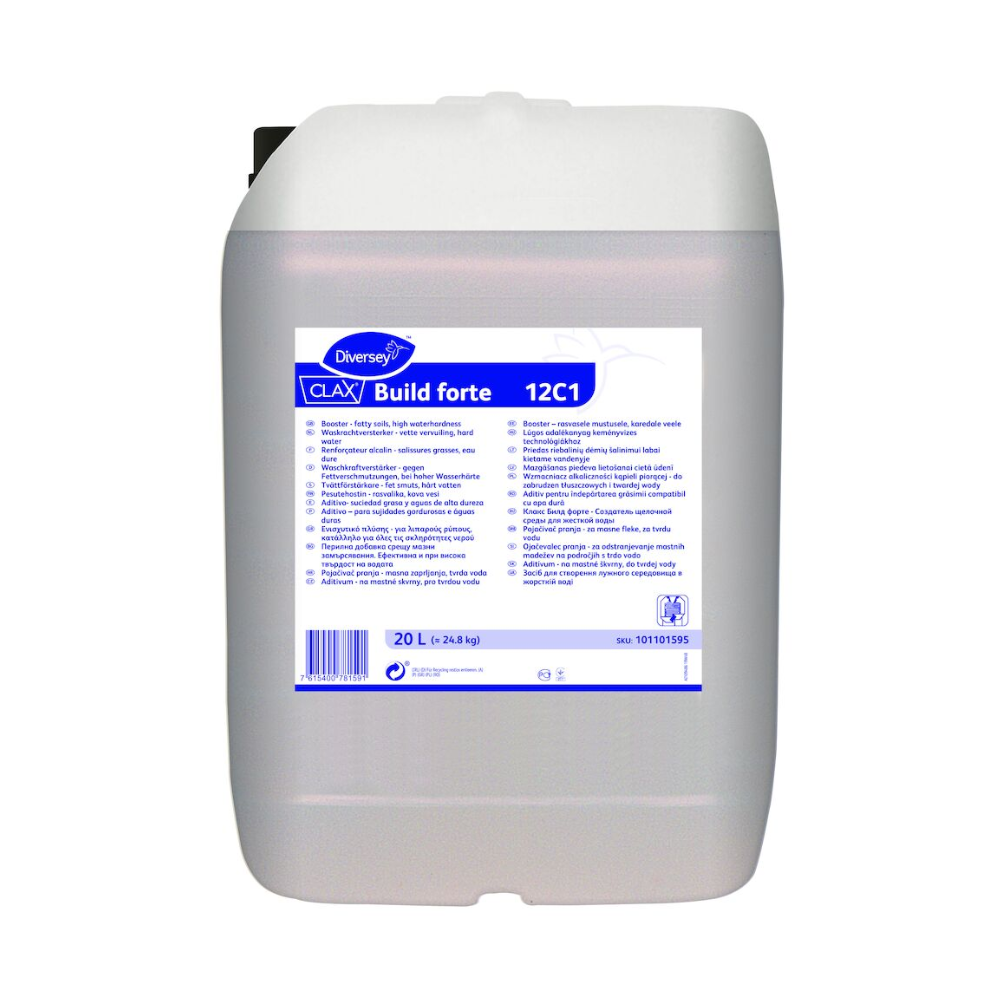 On a large white plastic container with a blue label from Diversey Deutschland GmbH & Co. OHG it says "Clax Build forte 12C1", specially formulated as an alkaline washing power enhancer with complexing properties for hard water. The label contains detailed product information and specifications. The container has a black lid and has a capacity of 20 liters.